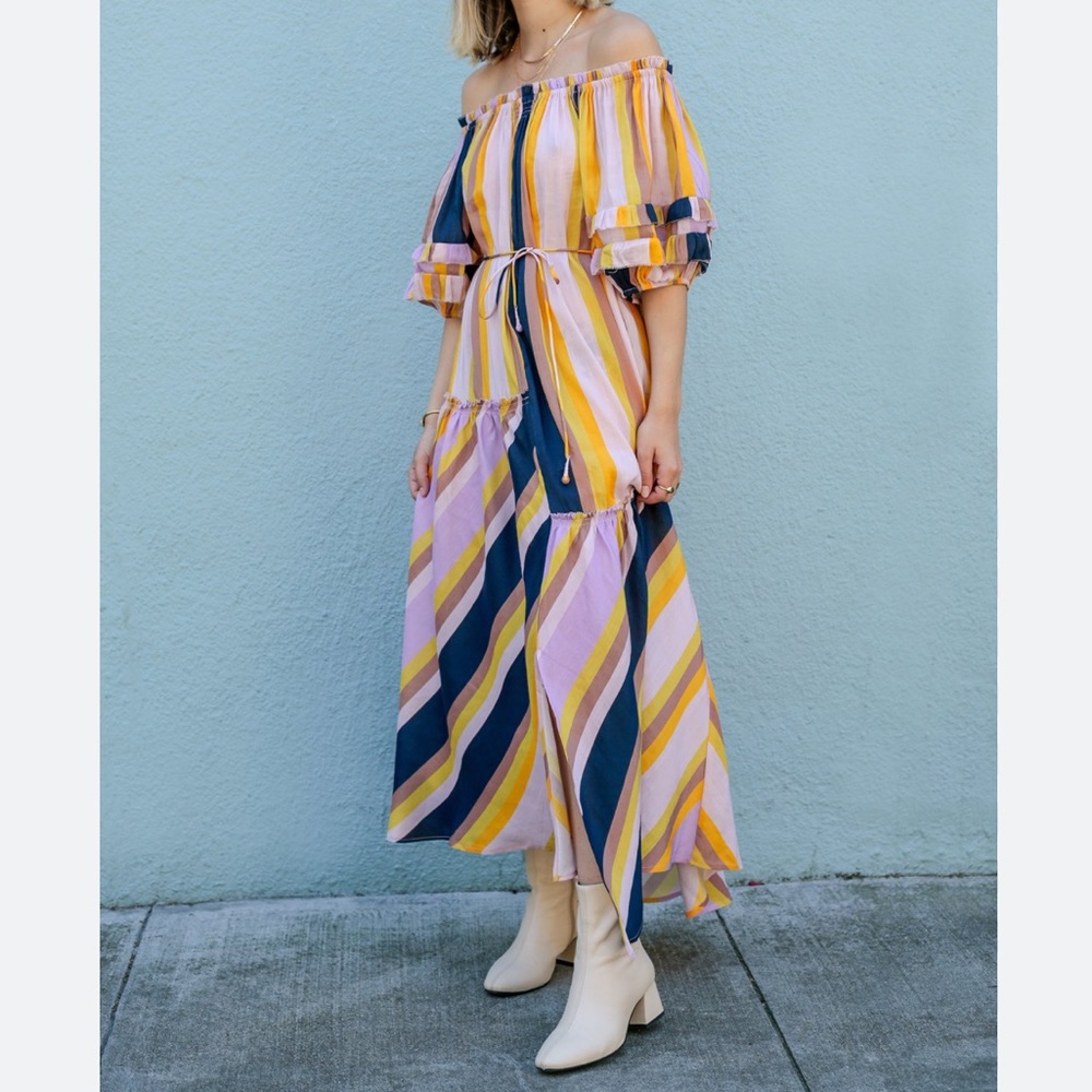 Apiece Apart Sandrine Dress / Stripe Linen & Silk Off the Shoulder Dress